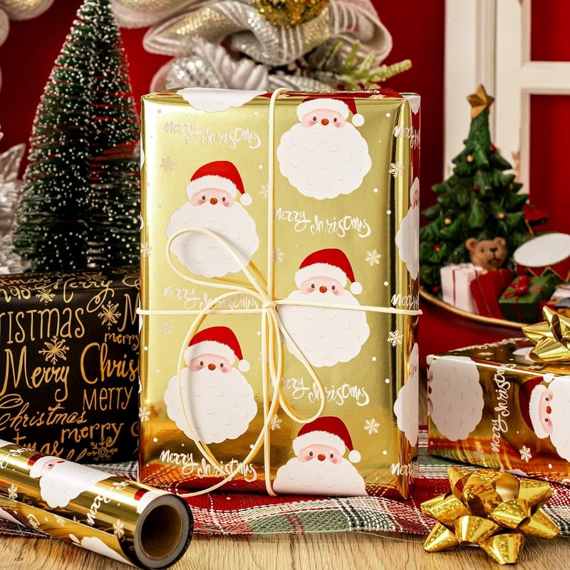 MAYPLUSS Gold Santa Claus Wrapping Paper Roll, 17IN X 33FT Christmas Gift Wrap Paper Featuring Reversible Merry Christmas for Holiday New Year Kids - Image 5